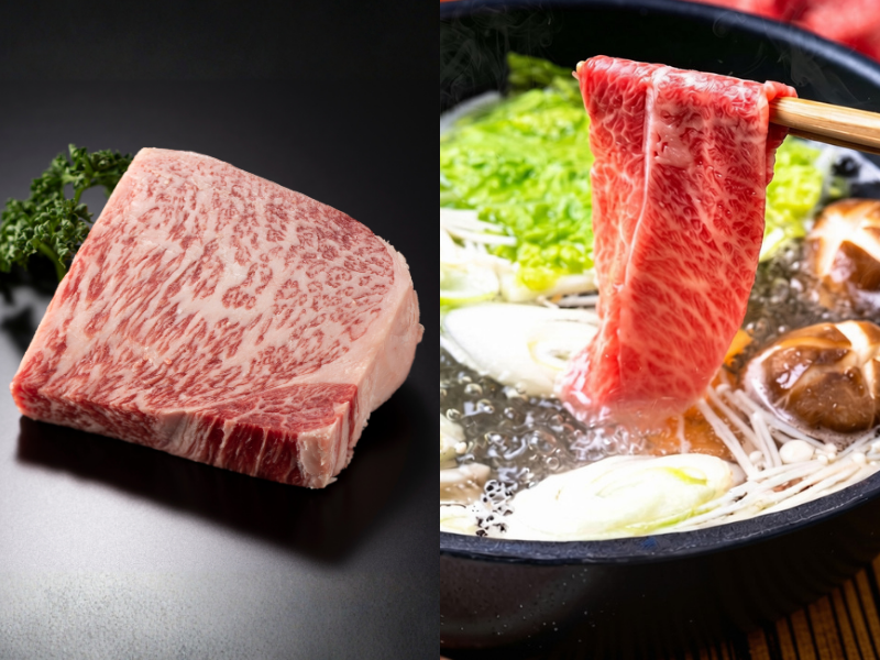 Richly marbled raw Wagyu beef block&Dipping thinly sliced Wagyu beef into Shabu-Shabu broth