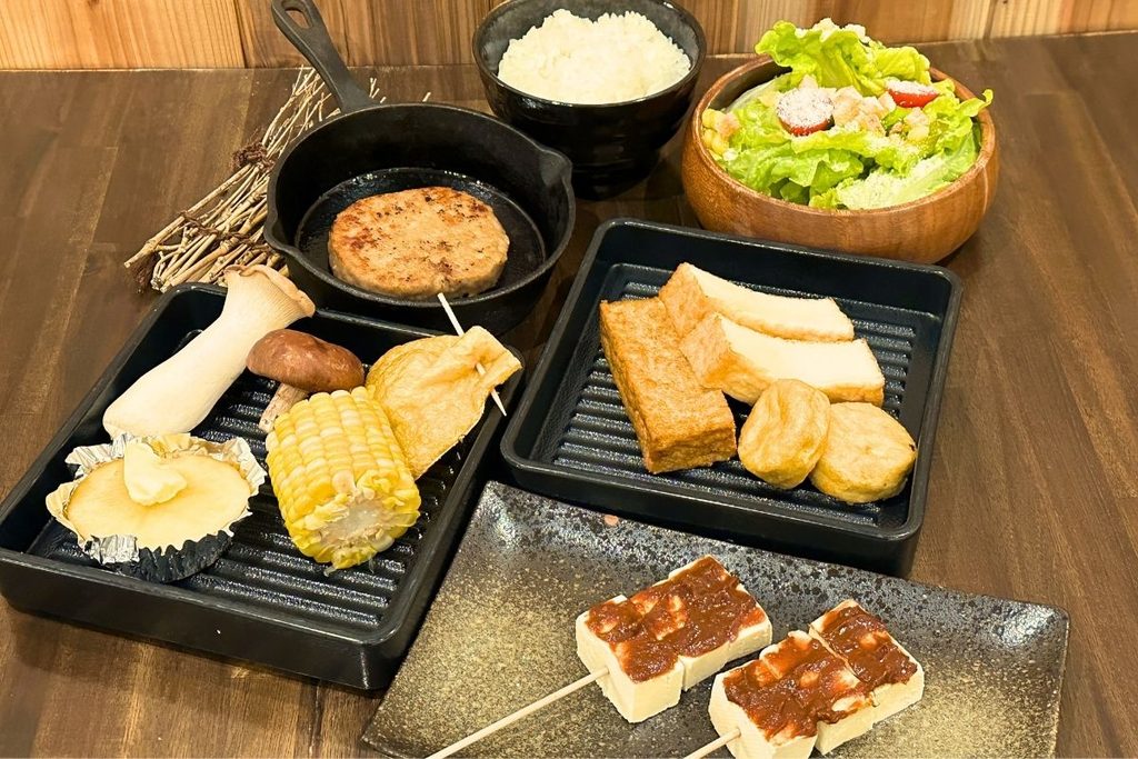 Vegetarian BBQ ingredients, including thick fried tofu (atsuage)
