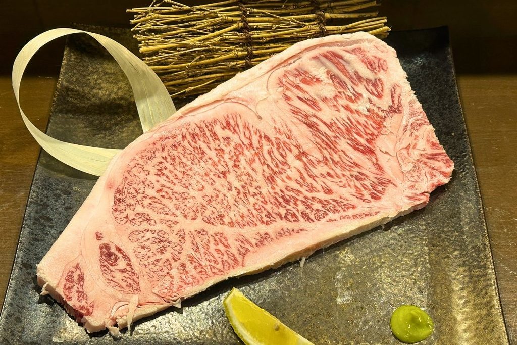 Close-up of finely marbled Wagyu beef