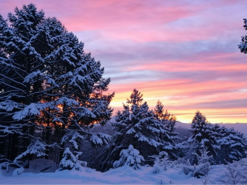 Sunset over snowy mountains in Madarao Kogen